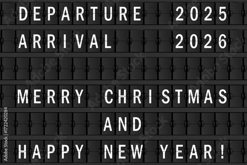 Airport Announcement Flip Mechanical Timetable with Hapy Merry Christmas and Happy New 2026 Year Sign. 3d Rendering