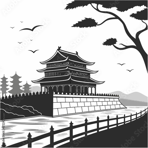 "Forbidden City silhouette art Beijing China skyline poster, ancient imperial palace landmark illustration, black and white minimalist world heritage travel wall decor for cultural lovers"