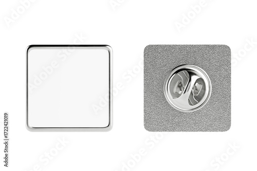 Silver Metal Badge Pin. Blank Square Silver Lapel Pin Mockup With Safety Clasp Front And Back Views. 3d Rendering