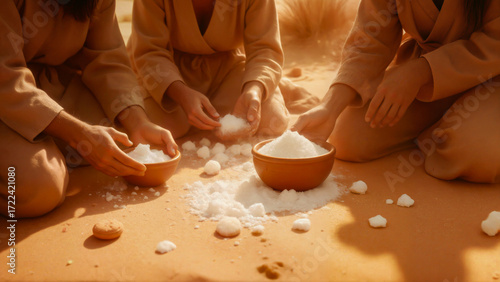 Ancient biblical depiction of manna from heaven being gathered in the desert