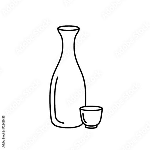 Sake Bottle and Cup Minimalist Line Art Japanese Tradition Drink Culture