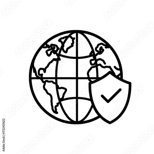 Globe with Shield Protection Simple Line Art Global Security Concept
