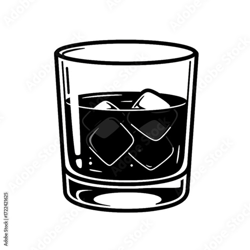 Whiskey glass with ice cubes monochrome drawing drink on the rocks cocktail hour