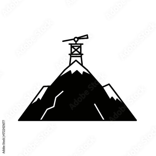 Mountain Peak with Mining Rig Simple Line Art Snowy Peaks Mining Industry