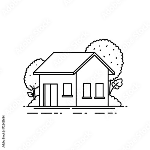 House Simple Line Art Drawing Small Windows Two Trees Residential Building Suburban Home