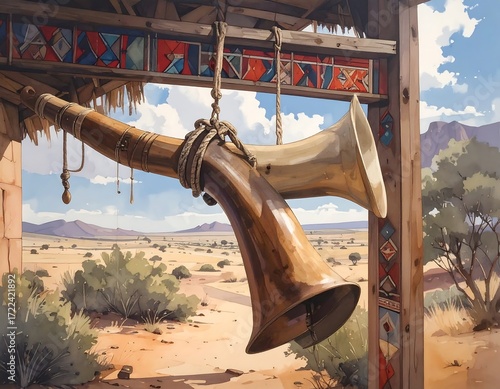 Two large horns hang from a rustic wooden structure in a desert landscape