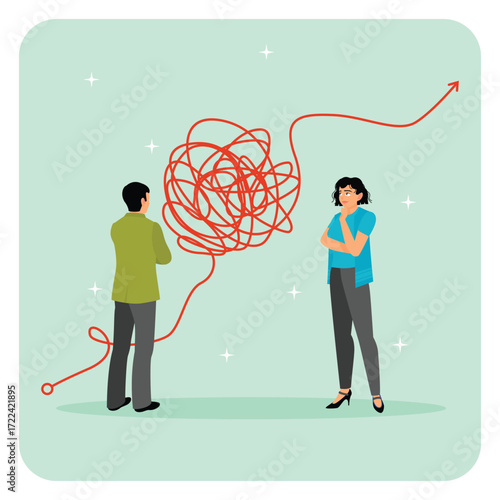 Complicated problem concept. Confused Woman and Man Unravel a Tangled Path Toward Clear Solution.