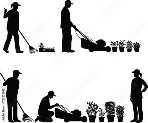 Silhouette people gardening, workers mowing lawn, raking leaves, maintaining plants, outdoor yard care, eco lifestyle, agriculture service, garden maintenance teamwork.