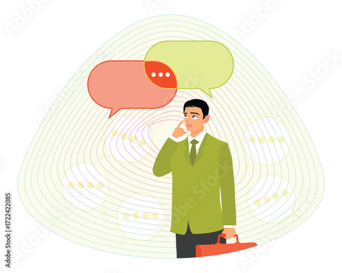 Second opinion. Professional Man Thinking, Holding Briefcase, Surrounded By Colorful Speech Bubbles