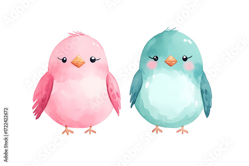 Adorable watercolor birds, pink and blue, charmingly illustrated.