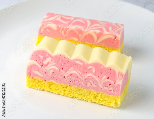 Two layered pink and white candy bars on a plate