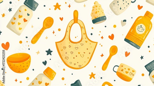 Cute baby feeding items seamless pattern