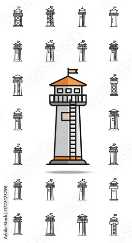 Illustration of a tall watchtower with a ladder, flag, and multiple surrounding tower designs.