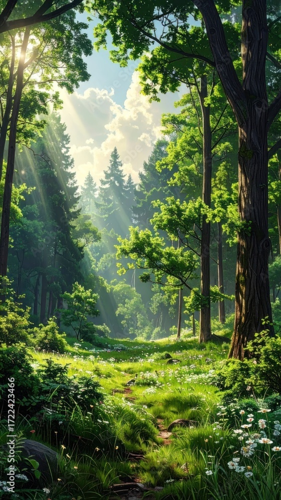 Obraz premium A lush, green forest scene with sunlight filtering through tall trees, illuminating a path overgrown with grass and small white flowers