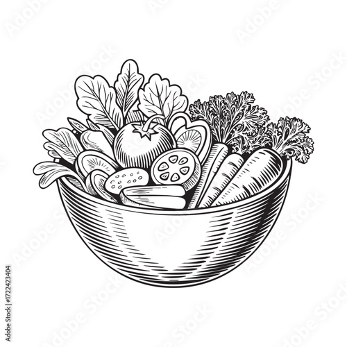 Hand drawn ink sketch of salad bowl with vegetables vintage engraving style vector