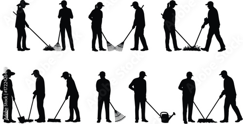 Silhouette people gardening, workers raking leaves, sweeping ground, watering plants, outdoor garden maintenance, eco lifestyle, agriculture care, teamwork activity, seasonal yard cleaning.
