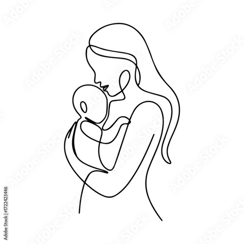 Minimalist continuous line drawing of a mother holding her baby tenderly