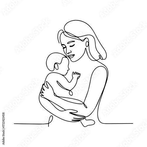 Minimalist line art depicting a tender moment between mother and child