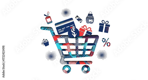 Shopping Cart Filled with Gifts, Credit Card, and Percentage Sign in Dotted Pattern