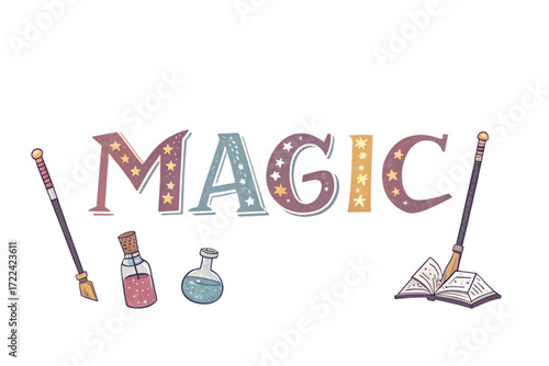 Unlock enchantment with whimsical magic word art, potion bottles, spellbook, and wands for fantasy adventures