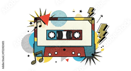Retro Cassette Tape with Pop Art Elements