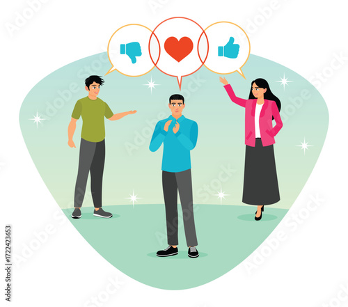 Social feedback concept. Group giving opinion with thumb up, thumb down feedback.