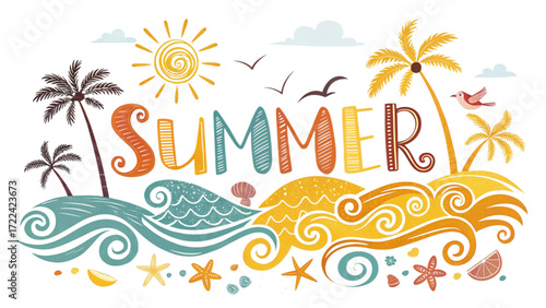 Vibrant summer beach scene with palm trees, sun, and ocean waves, perfect for holiday promotions and travel marketing