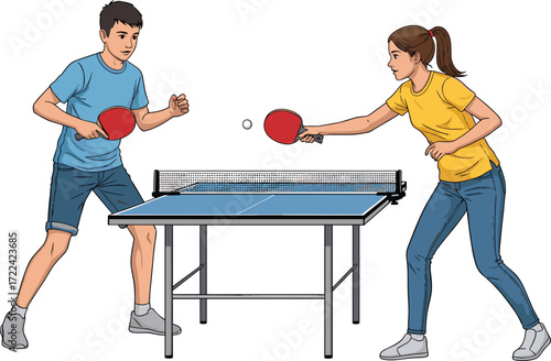 Cartoon boy and girl playing table tennis together, holding rackets, hitting ball, fun ping pong game, kids sports activity illustration