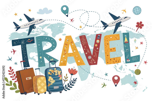 Embark on adventure with vibrant travel illustrations featuring planes, suitcases, and a world map, inspiring wanderlust and global exploration.