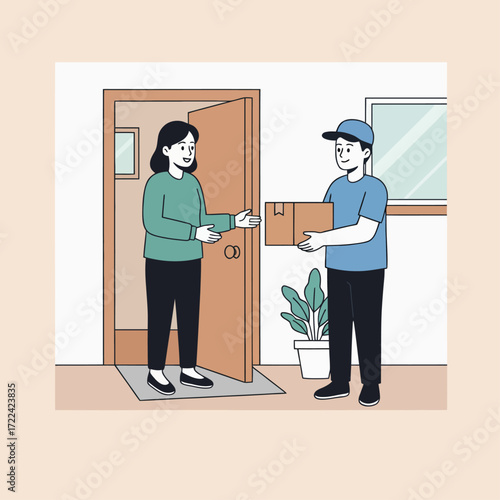 Simple Minimalist Flat Vector Illustration of a person receiving a package delivery at home.