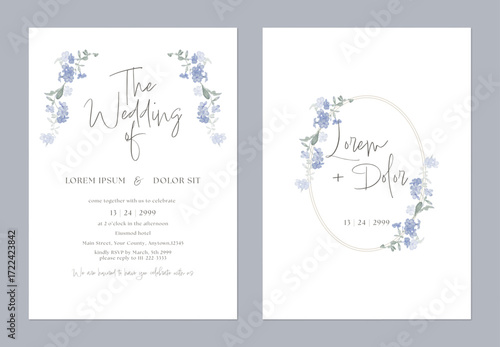 Wedding invitation and save the date template set with a minimalist design and soft, watercolor-style illustrations of Cape leadwort flowers arranged in the corners on a white background