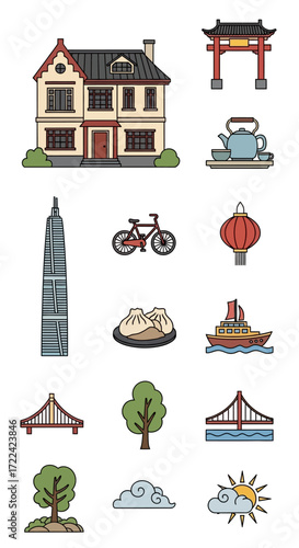 Collection of various illustrations featuring a house, Chinese gate, bicycle, lantern, and other objects.
