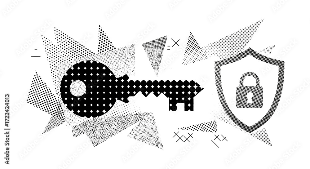 Obraz premium Black and White Key and Shield Illustration