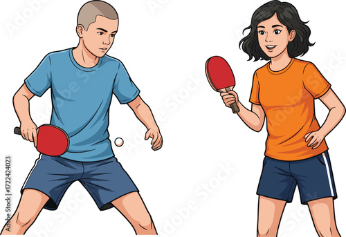 Cartoon boy and girl playing table tennis, holding rackets, hitting ball, fun ping pong game, kids sports competition illustration