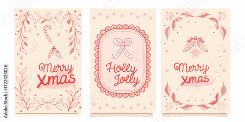 Three charming christmas greeting cards with festive illustrations and merry xmas and holly jolly messages