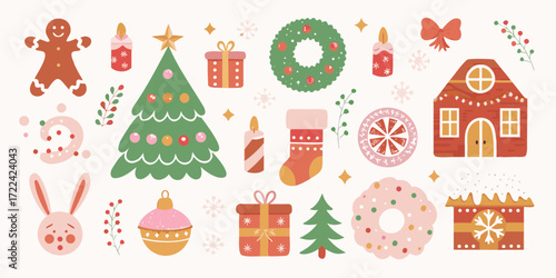 Collection of cute hand drawn christmas elements and decorations in a flat design style