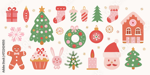 Charming collection of hand drawn christmas elements featuring santa claus gingerbread man and festive decorations