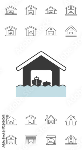Illustration of a building with a boat inside, surrounded by water, with various building icons.