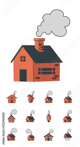 Illustration of a house with smoke coming out of the chimney, with several smaller house icons.