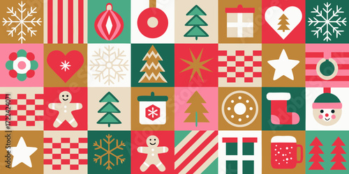 A festive geometric pattern featuring christmas icons in a retro color palette