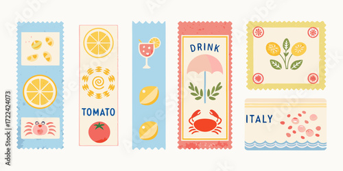 Collection of charming hand drawn italian themed stamps featuring fruits food and travel motifs