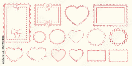 Collection of decorative pink frames and borders with bows and scalloped edges for design elements