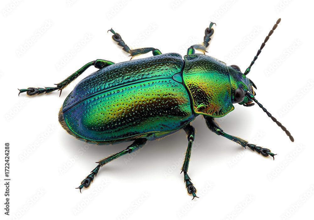 Fototapeta premium Close-up Image Displaying the Intricate Details and Iridescent Colors of a Vibrant Jewel Beetle on a Plain White Background, Isolated and High Quality.