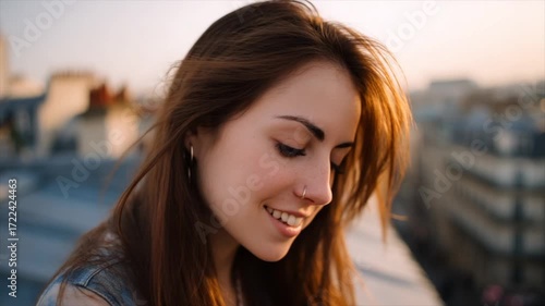 a beautiful woman with long hair smiling in the sun