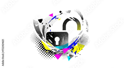 Abstract Unlocked Padlock with Halftone and Geometric Elements