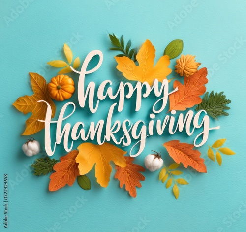 Thanksgiving message surrounded by colorful autumn leaves, pumpkins, and white cotton, against a light blue background