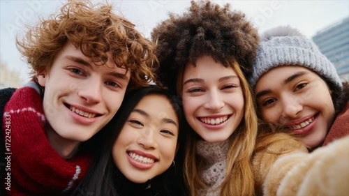 a group of young friends are smiling and taking a selfie