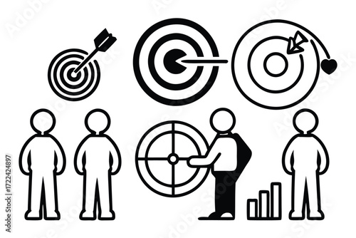 Business icons with targets people and growth chart on white background Keywords: icon, business, target