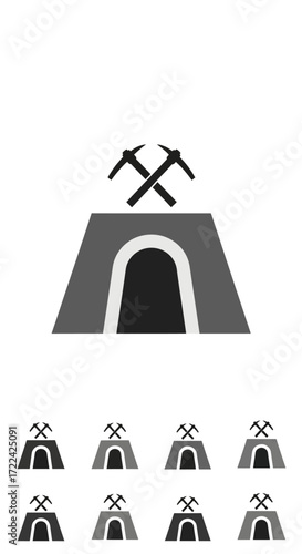 A grayscale illustration of a mine entrance with crossed pickaxes above, representing mining.