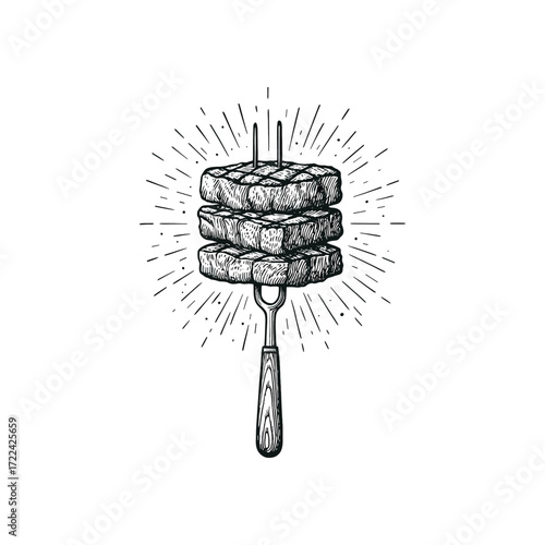 Engraving of Grilled Steaks on a Fork